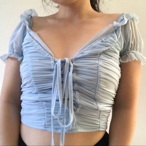 Sky Blue Ruched Lace up Crop Top